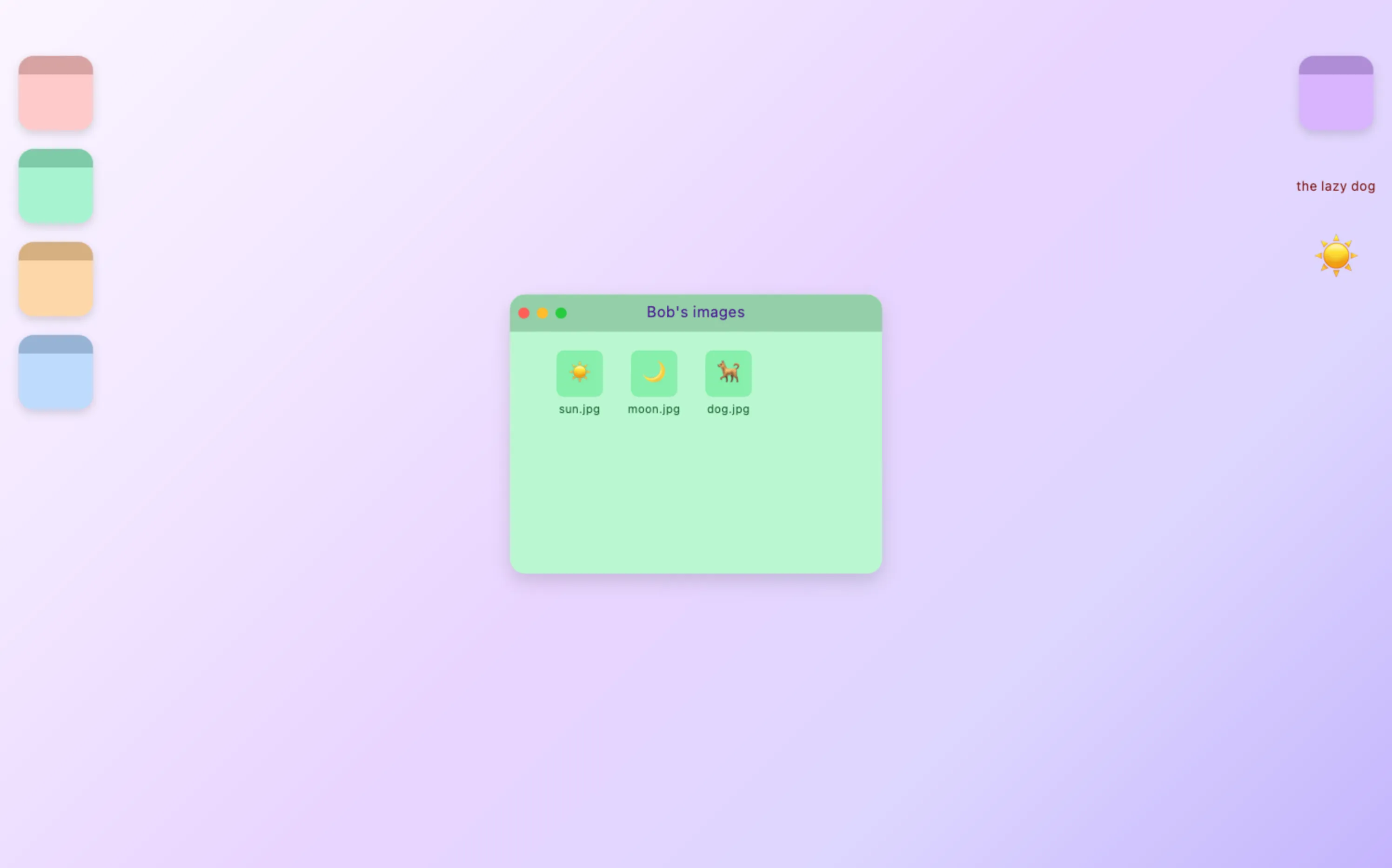 Desktop environment simulation with 4 minimized windows to the left. A minimized window on the right with a bit of text from the clipboard and a file. In the center a interactive window you can drag things into.