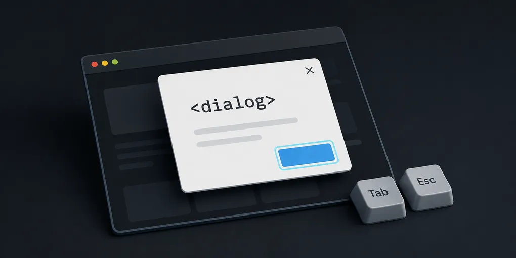 A dialog labeled <dialog> floats above a dimmed browser page, with a focused button and Tab and Esc keys.