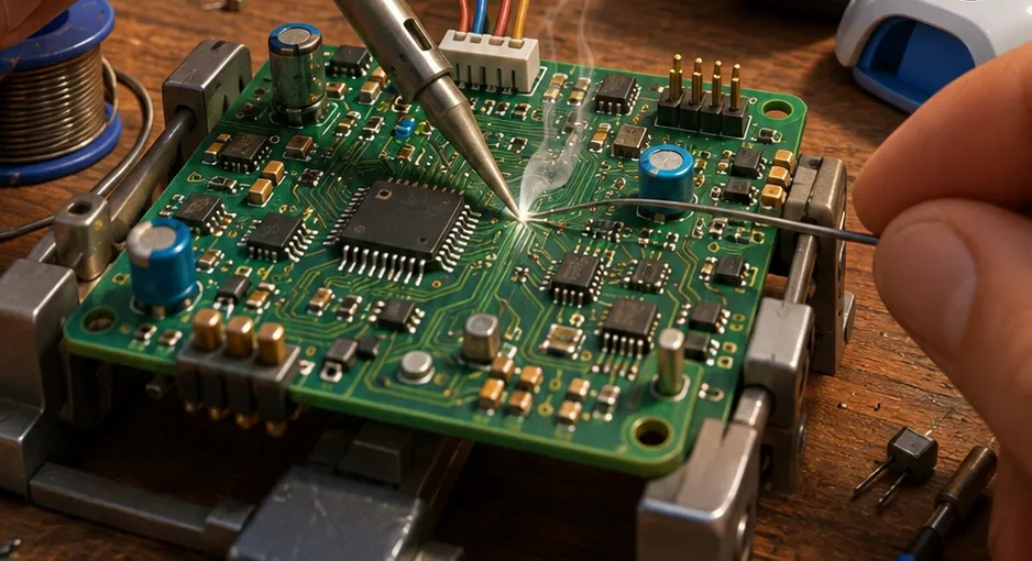A soldering iron and solder wire meeting at a joint on a circuit board.